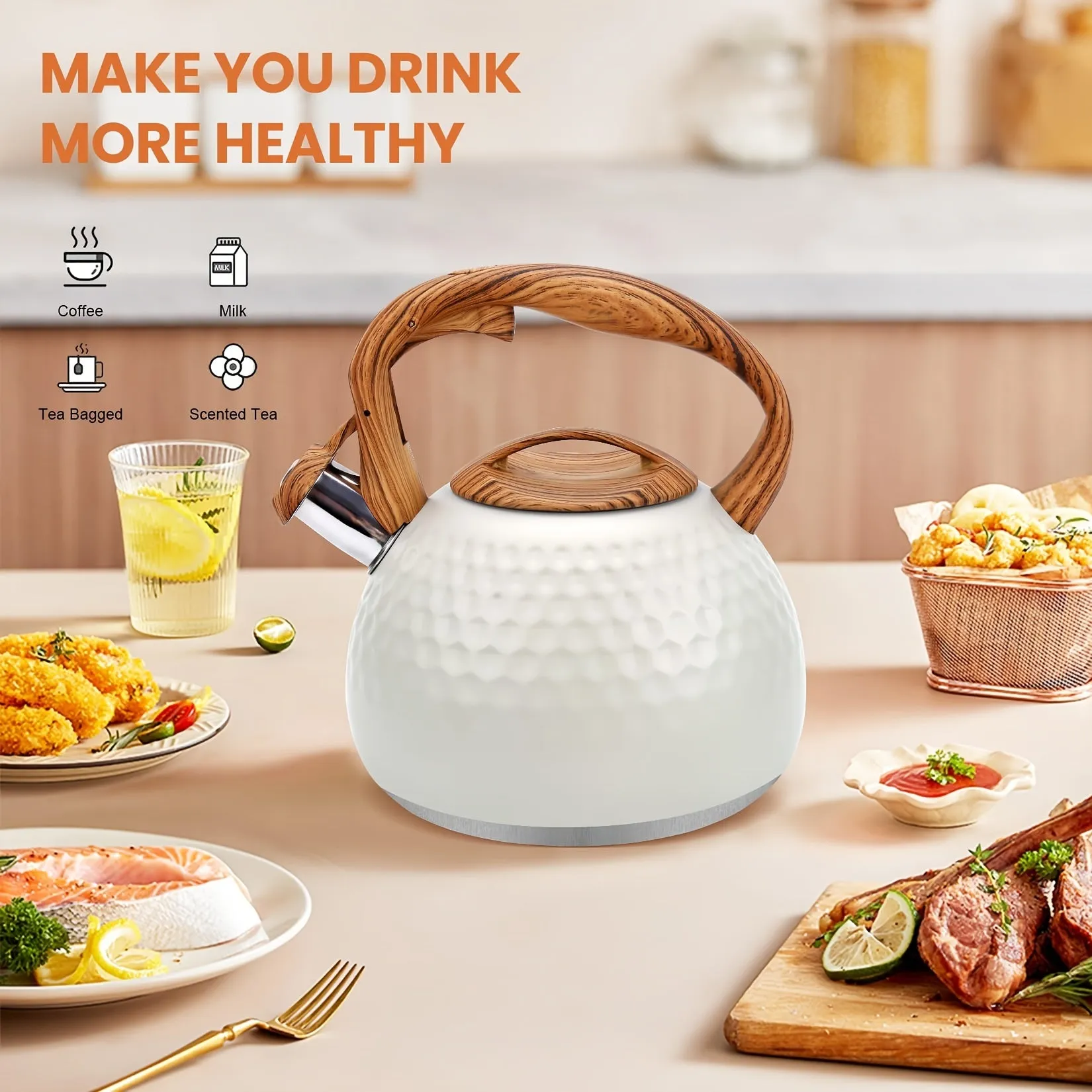 1pc, 3L Stainless Steel Whistling Tea Kettle Pot - Durable, Easy to Clean, Compatible with All Stovetops, Whistling Alert, Wooden Pattern Handle, Lightweight, Perfect for Outdoor Adventures and Home Use, Tea Brewing Made Easy
