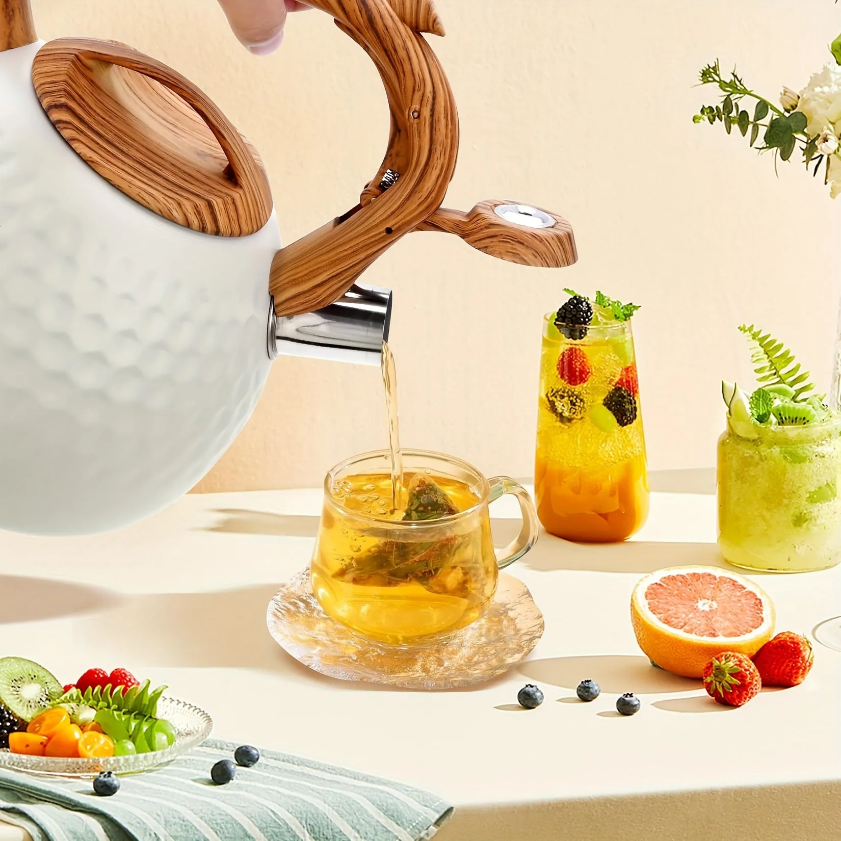 1pc, 3L Stainless Steel Whistling Tea Kettle Pot - Durable, Easy to Clean, Compatible with All Stovetops, Whistling Alert, Wooden Pattern Handle, Lightweight, Perfect for Outdoor Adventures and Home Use, Tea Brewing Made Easy