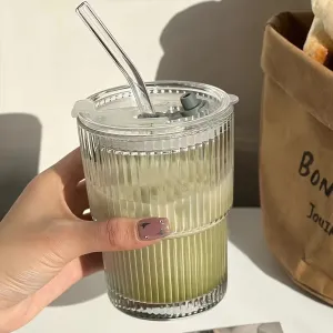 1pc Large Capacity 450ml Glass Iced Coffee Cup Tumbler - Heat Resistant, Smoothie Cups, Clear Coffee Cup, Juice Drinking Cup, Outdoor Travel Mug, Drinkware with Straw and Lid for Home