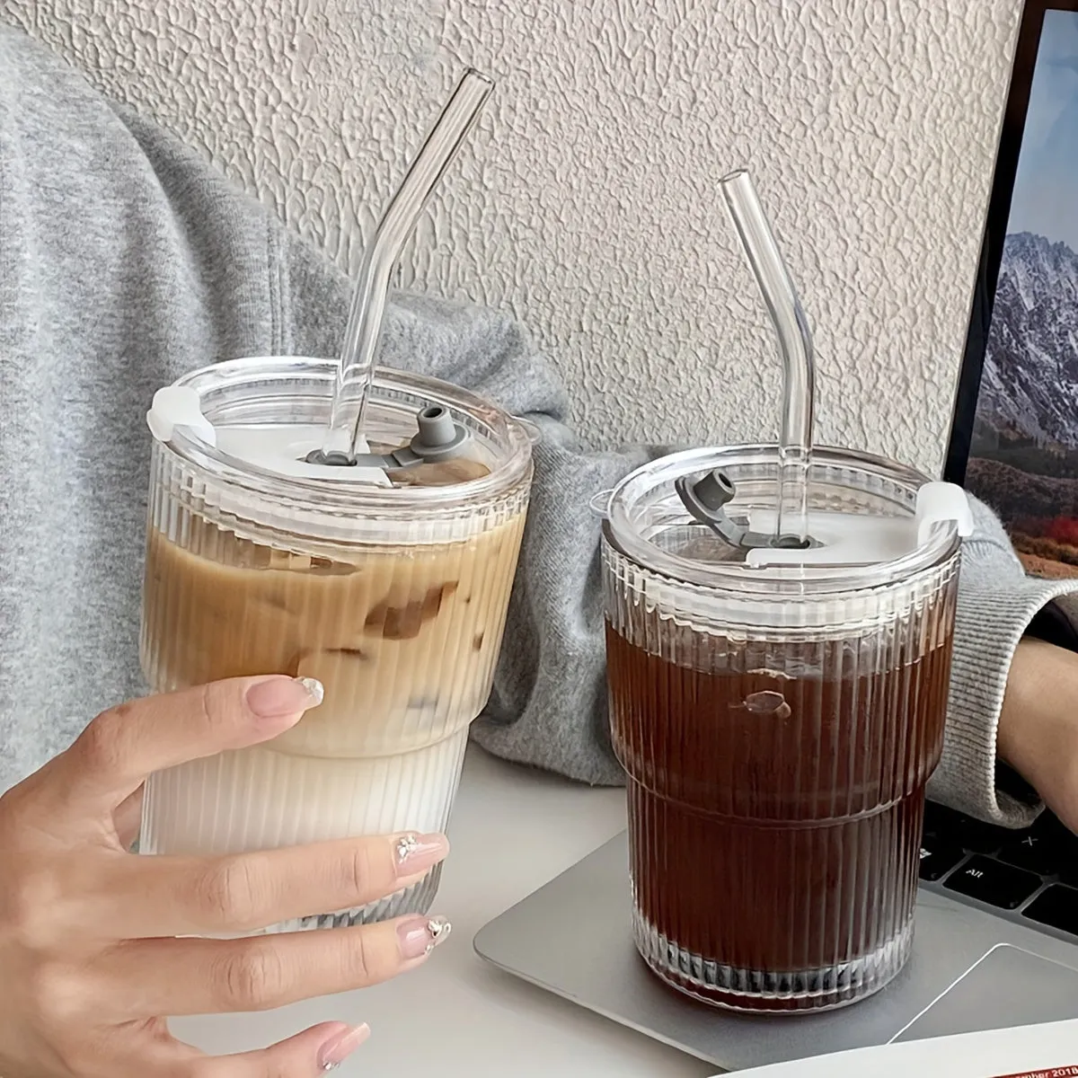 1pc Large Capacity 450ml Glass Iced Coffee Cup Tumbler - Heat Resistant, Smoothie Cups, Clear Coffee Cup, Juice Drinking Cup, Outdoor Travel Mug, Drinkware with Straw and Lid for Home