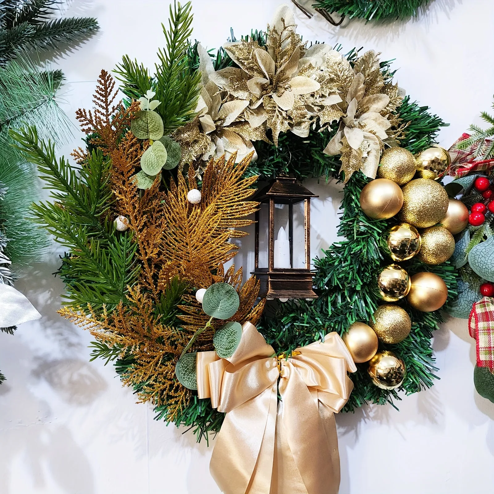 1pc Lifelike Golden Pine Needle Wreath with Artificial Flowers, 15.75 Inches, Classic Style for Window Vine, Door Hanging, Indoor & Outdoor Scene Room Home Office Decor