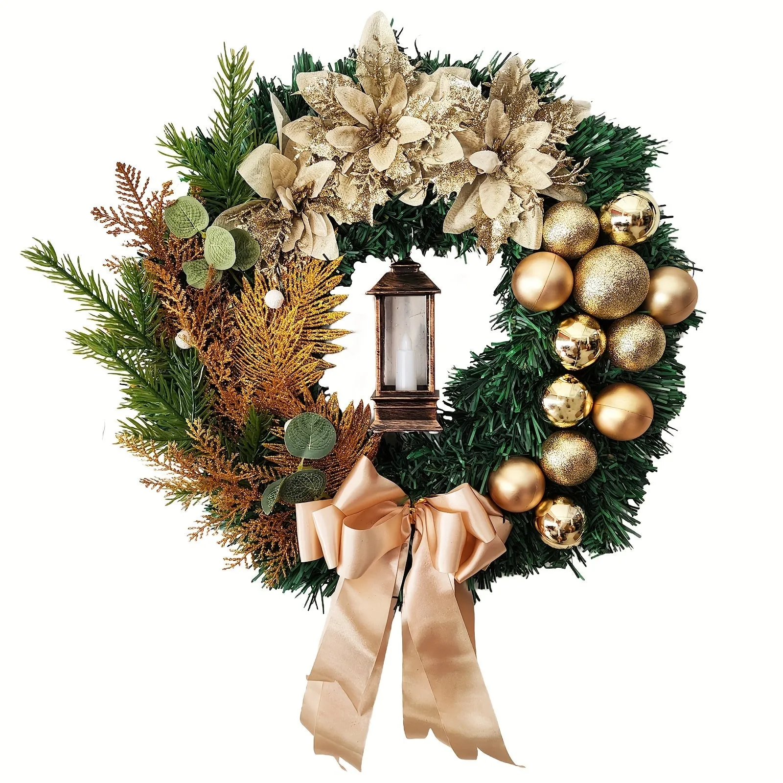 1pc Lifelike Golden Pine Needle Wreath with Artificial Flowers, 15.75 Inches, Classic Style for Window Vine, Door Hanging, Indoor & Outdoor Scene Room Home Office Decor