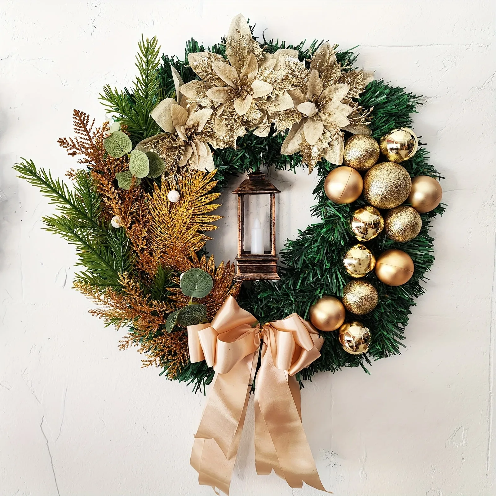 1pc Lifelike Golden Pine Needle Wreath with Artificial Flowers, 15.75 Inches, Classic Style for Window Vine, Door Hanging, Indoor & Outdoor Scene Room Home Office Decor