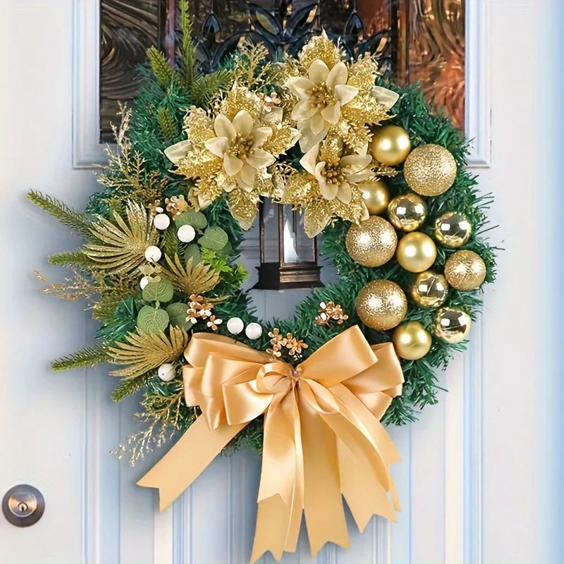 1pc Lifelike Golden Pine Needle Wreath with Artificial Flowers, 15.75 Inches, Classic Style for Window Vine, Door Hanging, Indoor & Outdoor Scene Room Home Office Decor