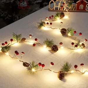 20 LED PVC Outdoor Christmas Decorative String Lights with Greenery, Pinecones, and Mushrooms for Office, Room, Wedding, Home Wall Decor - Battery Powered, Single Color, No Battery Included