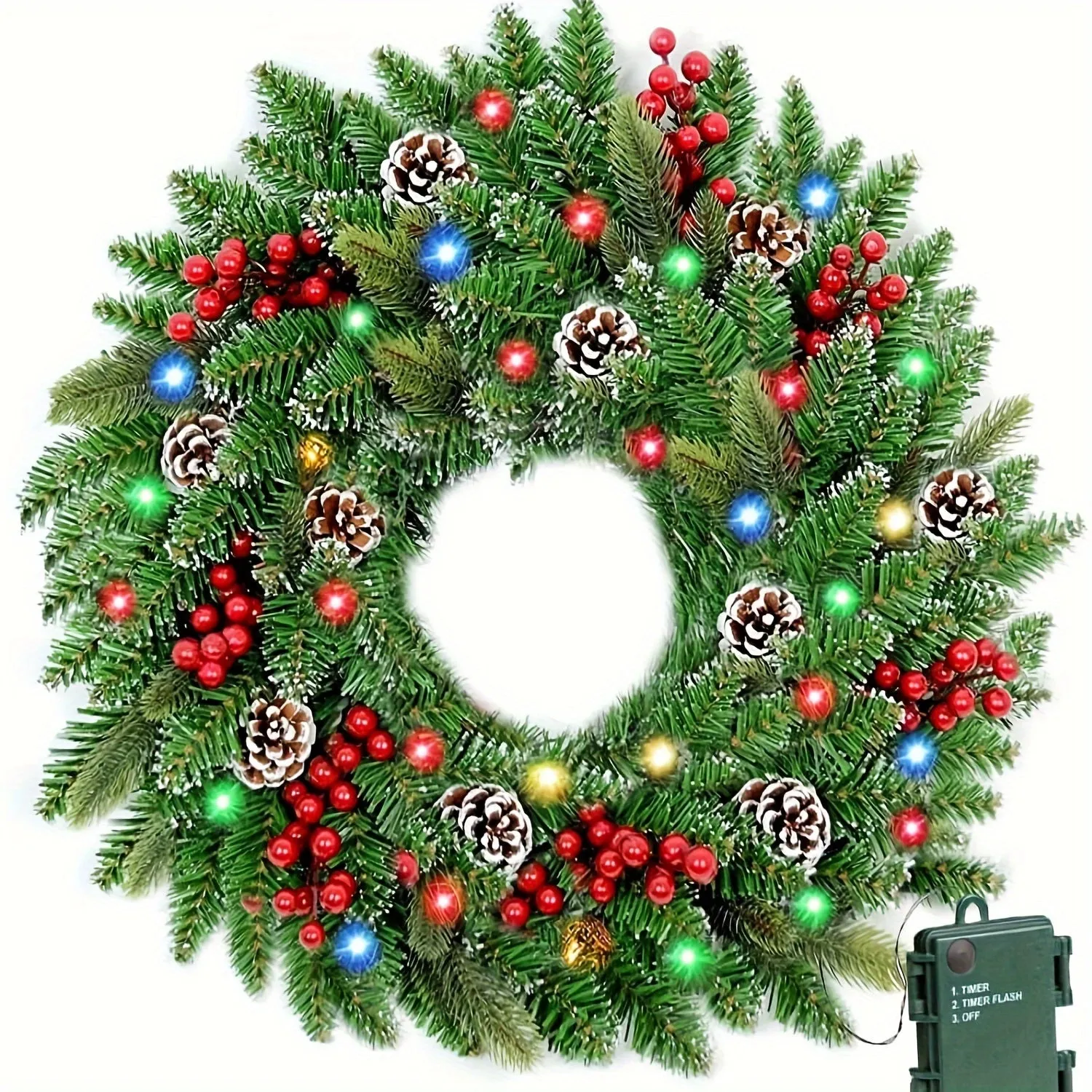 24" Pre-Lit Christmas Wreaths, Outdoor Lighted Christmas Wreath For Front Door, Christmas Red Berries, Pine Cones Wreath, Xmas Wreath Decor For Window Fireplace Indoor, Green