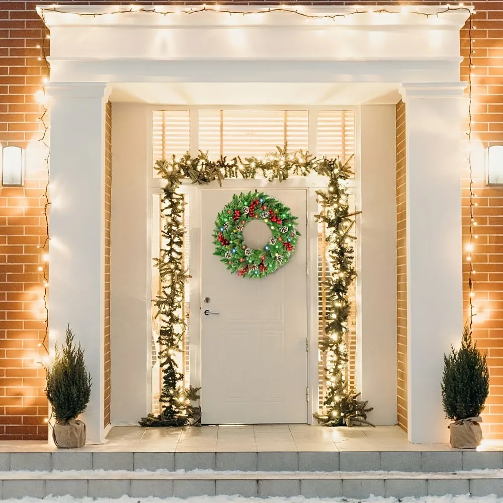 24" Pre-Lit Christmas Wreaths, Outdoor Lighted Christmas Wreath For Front Door, Christmas Red Berries, Pine Cones Wreath, Xmas Wreath Decor For Window Fireplace Indoor, Green