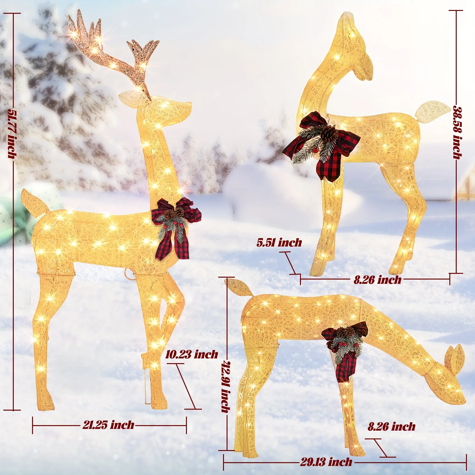 3pcs Set Of Large Luminous Christmas Reindeer Family Set, 3D Plug, 175 Warm White Luminous Christmas Decorations for Outdoor Use, Waterproof Christmas Reindeer Decoration, with Floor Tie, Suitable for Courtyard, Lawn, Christmas Gifts