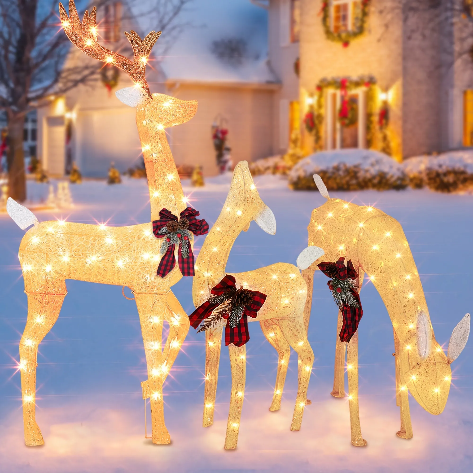 3pcs Set Of Large Luminous Christmas Reindeer Family Set, 3D Plug, 175 Warm White Luminous Christmas Decorations for Outdoor Use, Waterproof Christmas Reindeer Decoration, with Floor Tie, Suitable for Courtyard, Lawn, Christmas Gifts