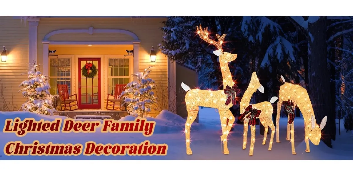3pcs Set Of Large Luminous Christmas Reindeer Family Set, 3D Plug, 175 Warm White Luminous Christmas Decorations for Outdoor Use, Waterproof Christmas Reindeer Decoration, with Floor Tie, Suitable for Courtyard, Lawn, Christmas Gifts
