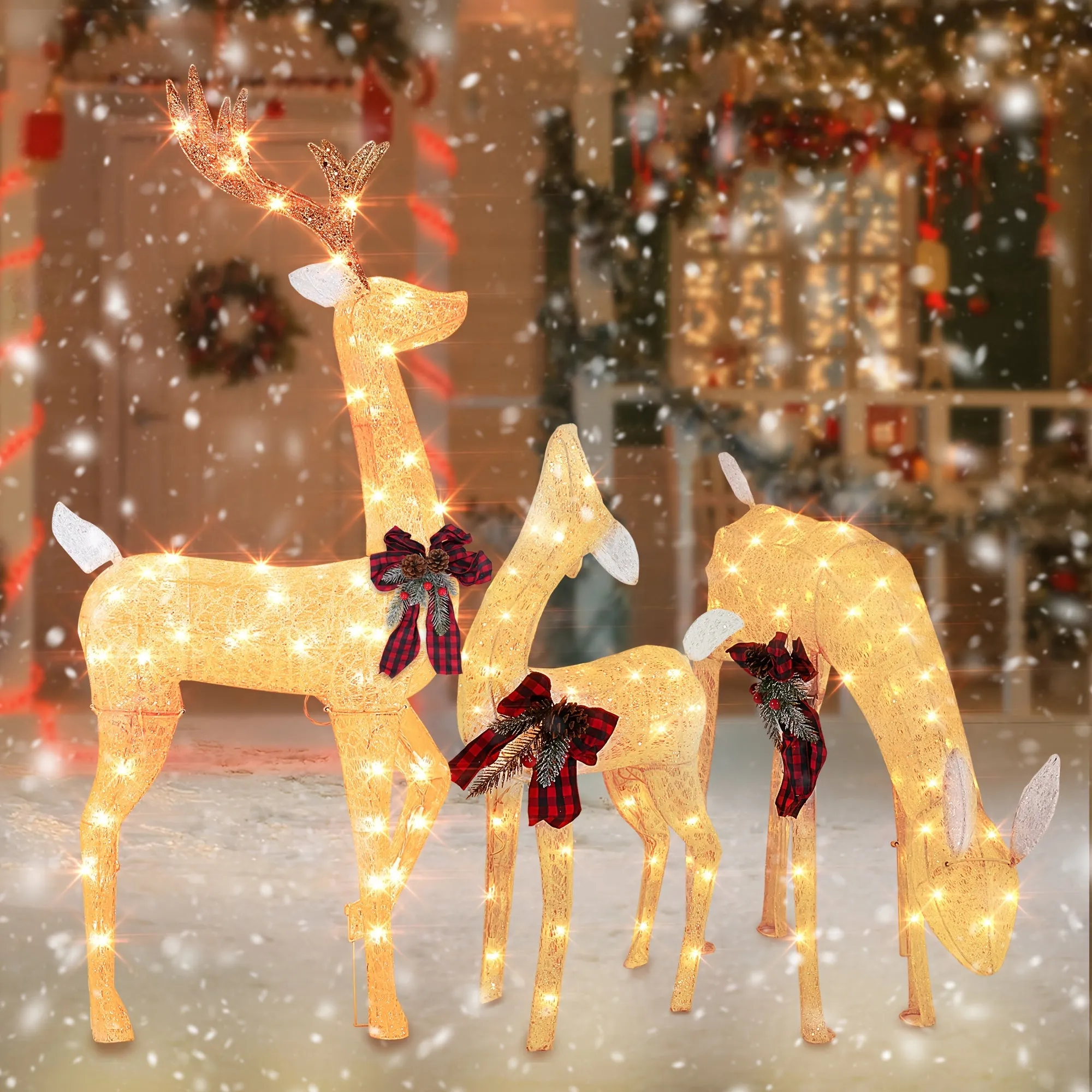 3pcs Set Of Large Luminous Christmas Reindeer Family Set, 3D Plug, 175 Warm White Luminous Christmas Decorations for Outdoor Use, Waterproof Christmas Reindeer Decoration, with Floor Tie, Suitable for Courtyard, Lawn, Christmas Gifts