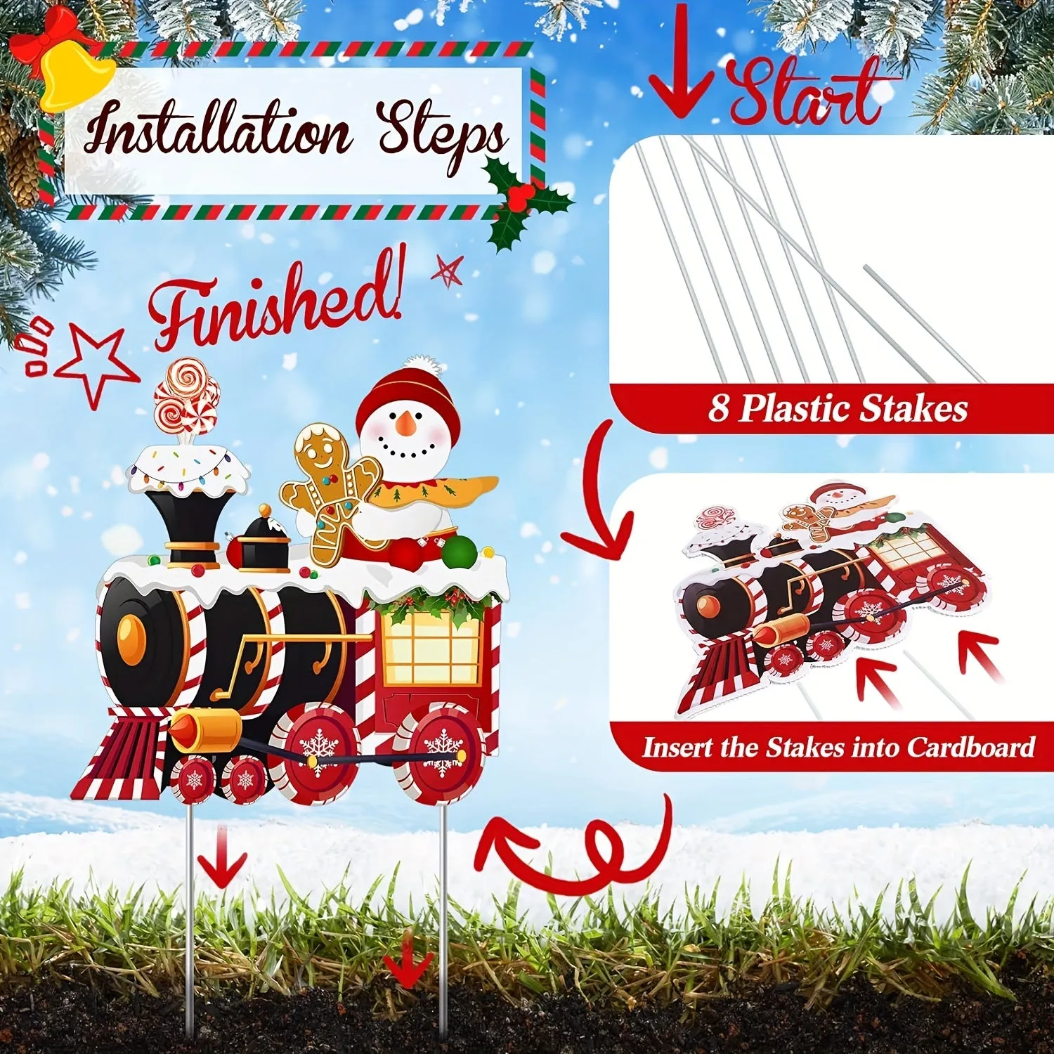 4 Pieces Snowman Outdoor Yard Train Christmas Decorations with 8 Yard Stakes for Lawn Sign
