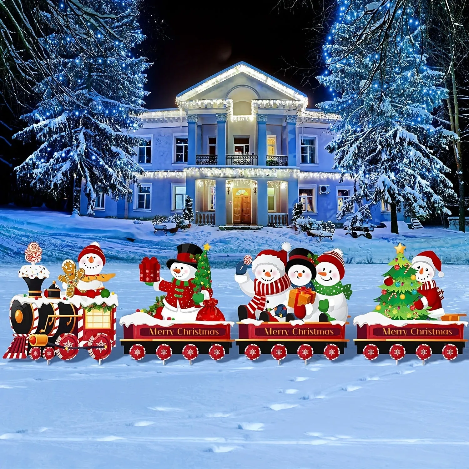 4 Pieces Snowman Outdoor Yard Train Christmas Decorations with 8 Yard Stakes for Lawn Sign
