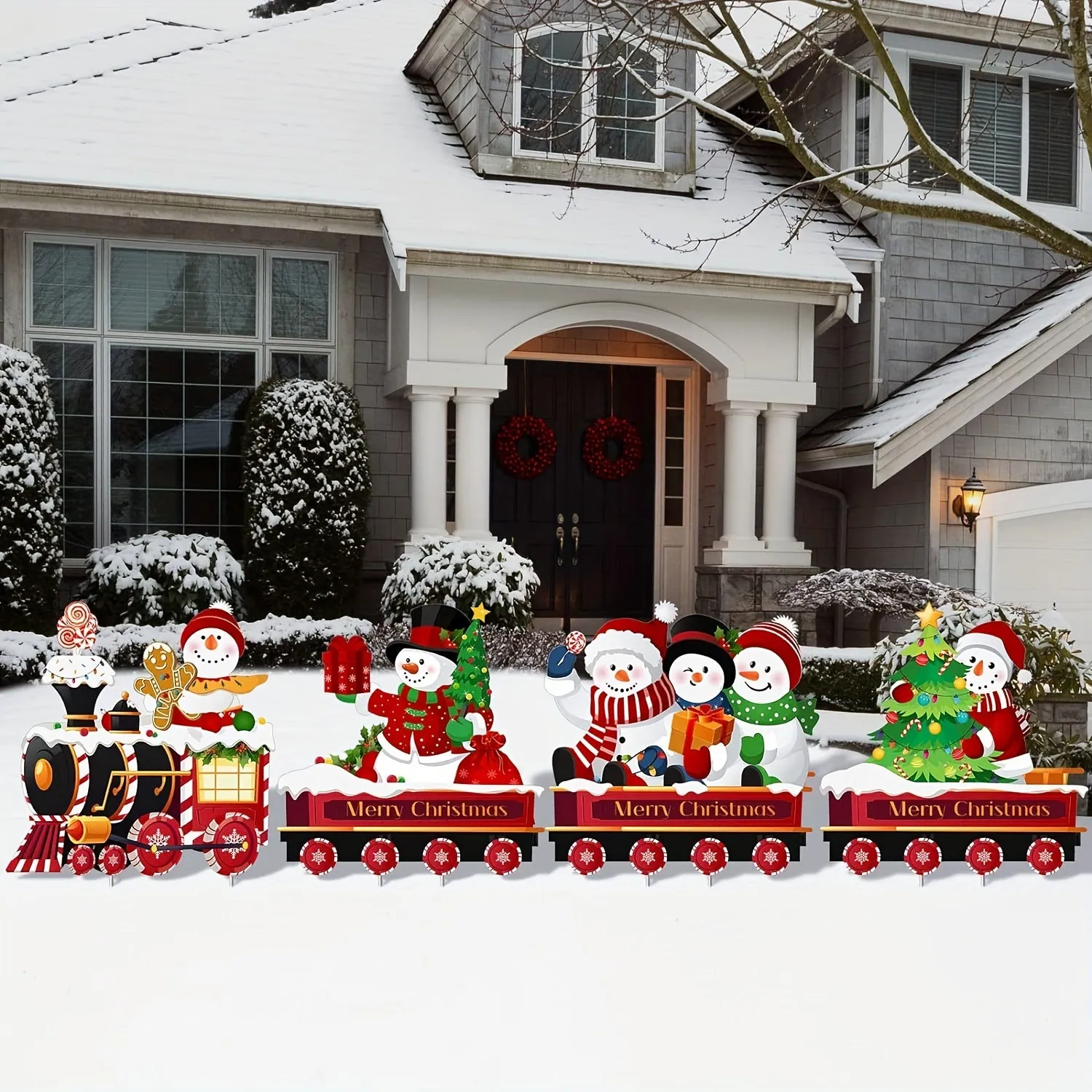 4 Pieces Snowman Outdoor Yard Train Christmas Decorations with 8 Yard Stakes for Lawn Sign
