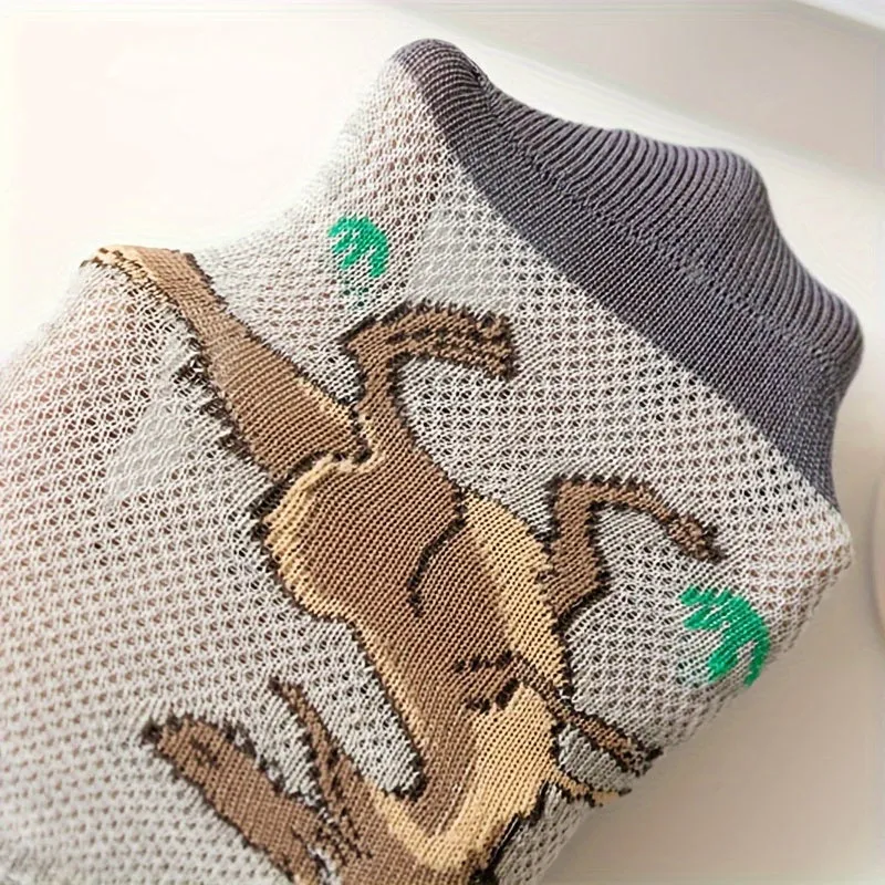 5 Pairs Of Boy's Trendy Dinosaur Pattern No Show Socks, Comfy Breathable Casual Soft Socks For Kid's Outdoor Activities
