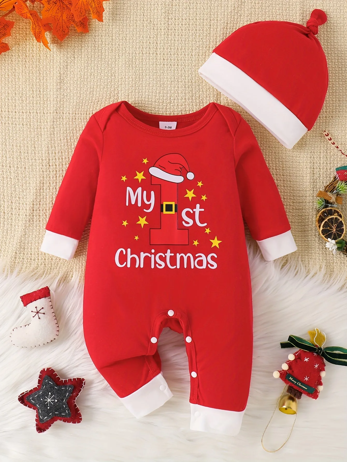Adorable 'My First Christmas' Letter Print Romper & Hat Set for Baby Boys - Cozy Polyester Blend, Machine Washable - Perfect for Fall/Winter, Perfect for Outdoor
