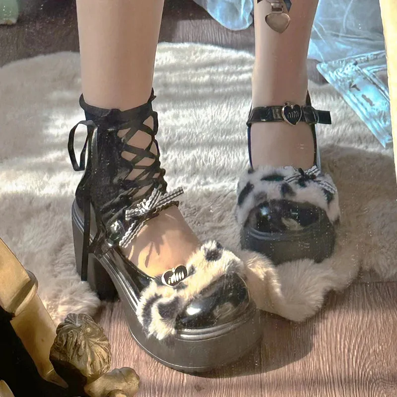 Advbridge Black/white Leopard Print Round Toe Versatile Thick Soled Leather Shoes College Style Spicy Girl Lolita Single Shoe
