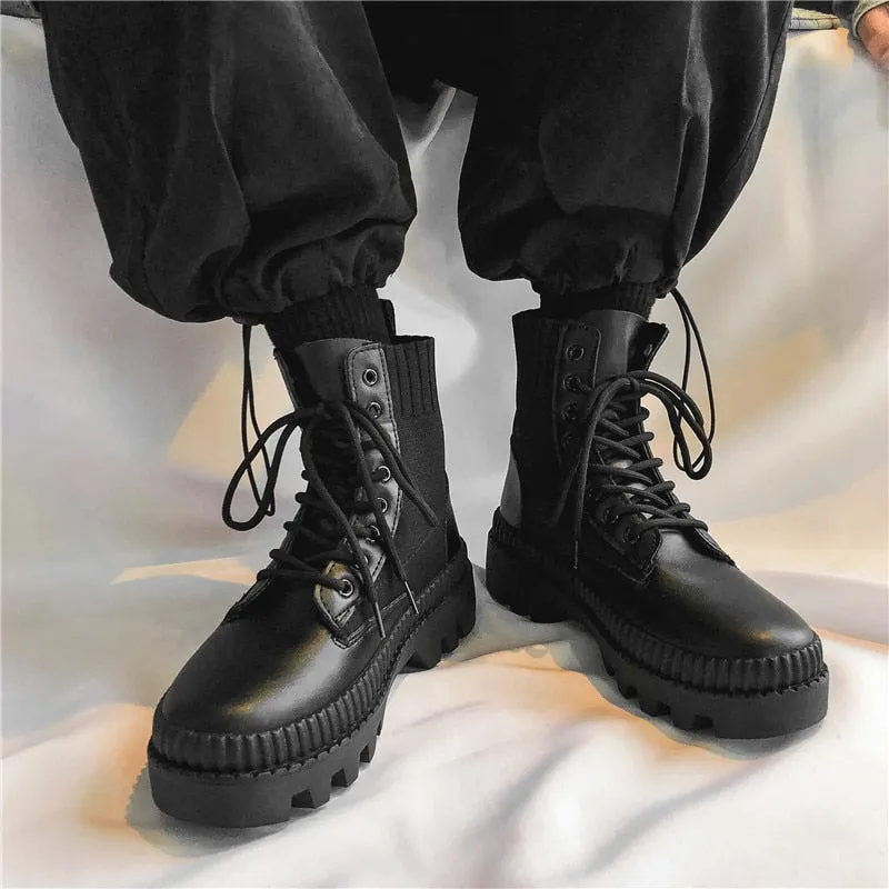 Aidase  Autumn Winter Leather Men's Boots Platform Fashion Sock Ankle Boots Men High Top Black Casual Outdoor Sports Shoes Male New