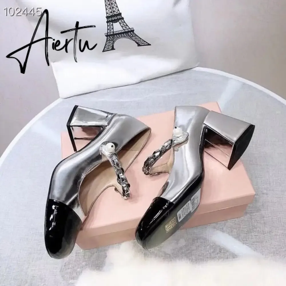Aiertu European and American spring new women's high-heeled shoes with metal chain decoration square heel shoes