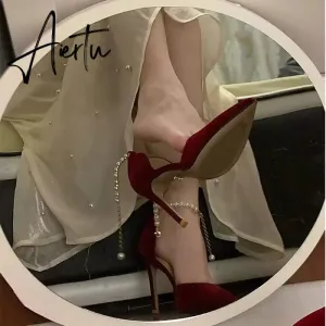 Aiertu Pointed Toe Fine High Heel Women's Shoes Metal Buckle Strap Sexy Women's Shoes Wedding Shoes Bridal Bridesmaid Shoes Red Heels