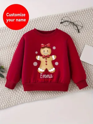Christmas Gingerbread Print Girl's Long Sleeves Sweatshirt, Customized Name, Comfortable Soft Round Neck Top For Fall Winter Outdoor Play
