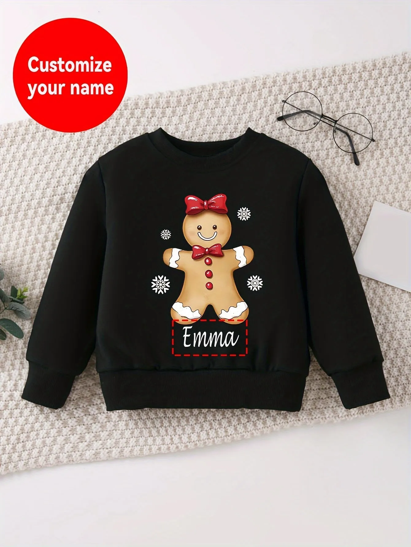 Christmas Gingerbread Print Girl's Long Sleeves Sweatshirt, Customized Name, Comfortable Soft Round Neck Top For Fall Winter Outdoor Play