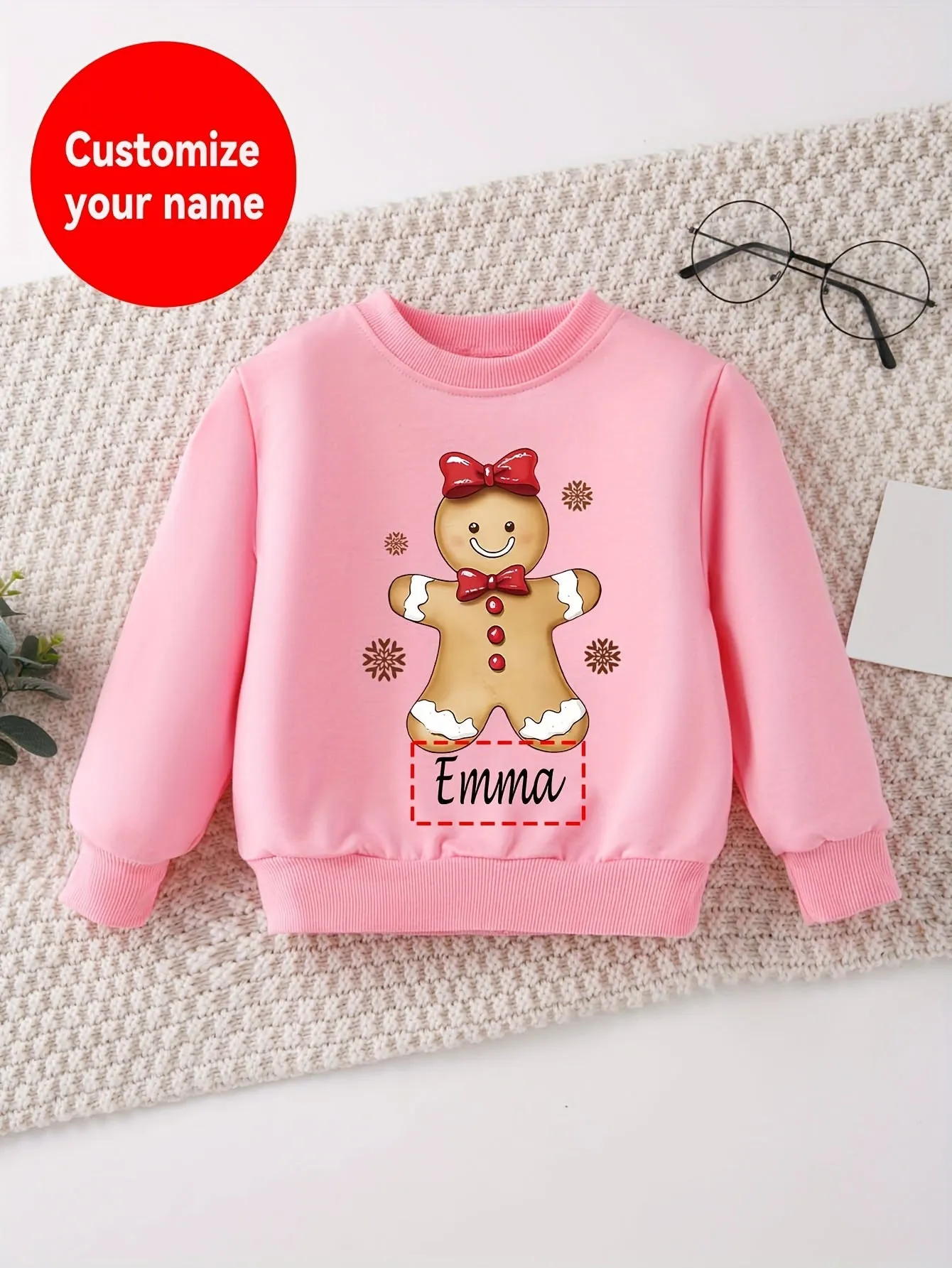 Christmas Gingerbread Print Girl's Long Sleeves Sweatshirt, Customized Name, Comfortable Soft Round Neck Top For Fall Winter Outdoor Play