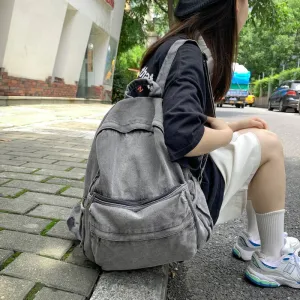 Cross-Border Solid Color Denim Vintage Backpack Simple Women's Backpack Student Outdoor Travel Bag Student Schoolbag