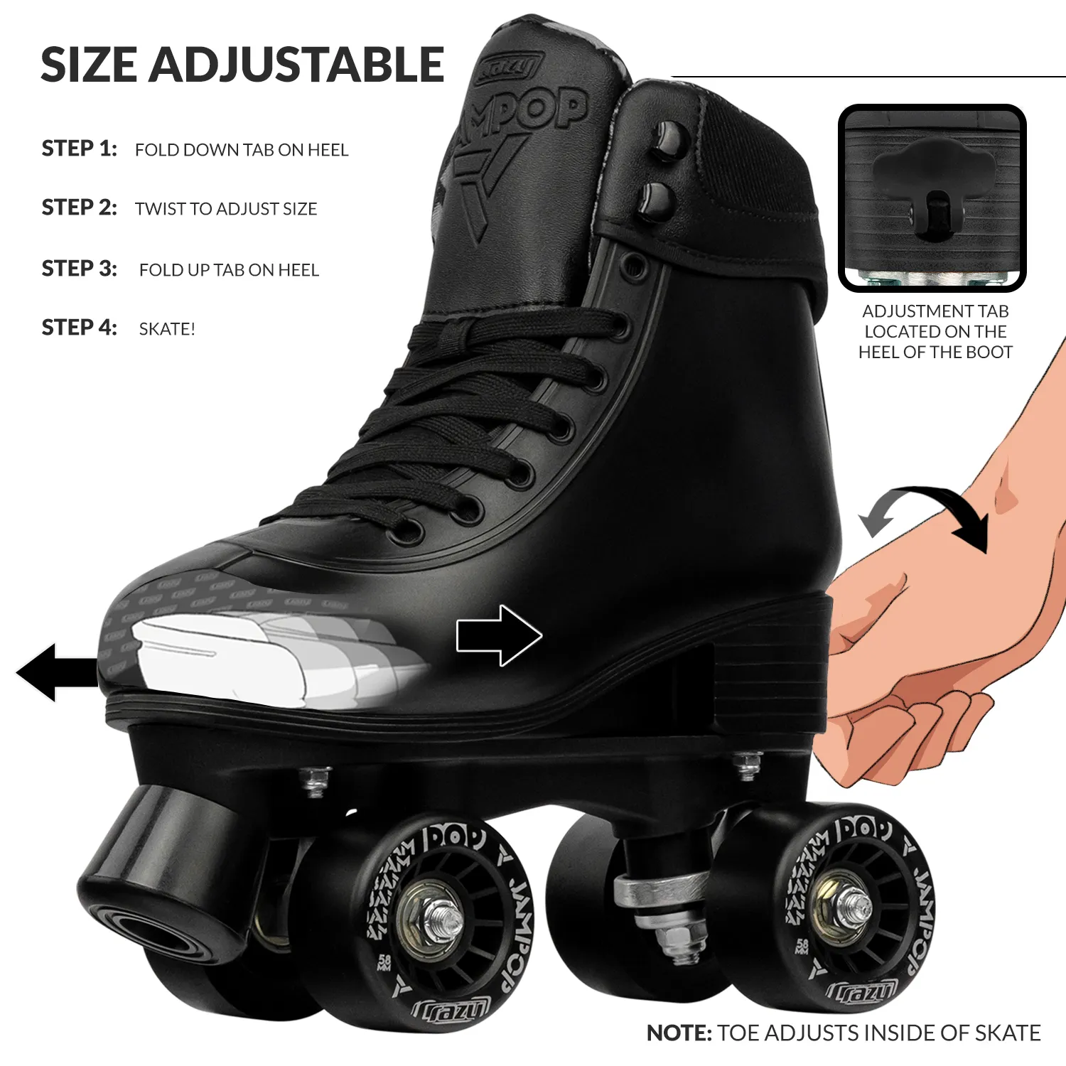 JAM POP - Black Size Adjustable Roller Skates