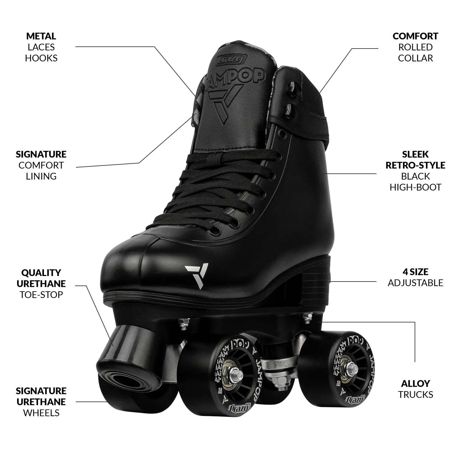 JAM POP - Black Size Adjustable Roller Skates