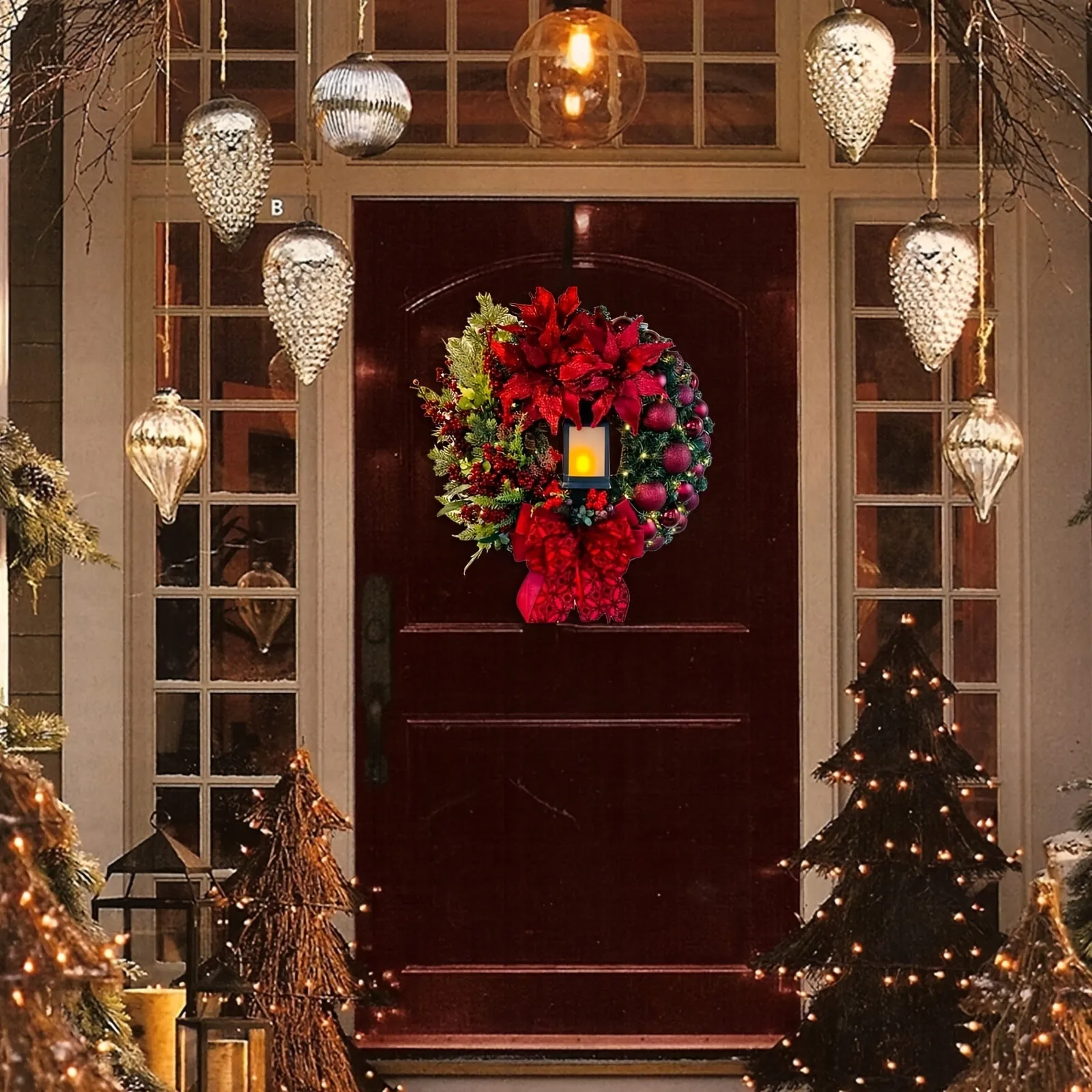 Large Red Christmas Wreath For Front Door, Artificial Lighting Christmas Wreath With Bow Ribbon And Christmas Balls, Suitable For Christmas Thanksgiving And Other Festivals Indoor And Outdoor Home Decoration