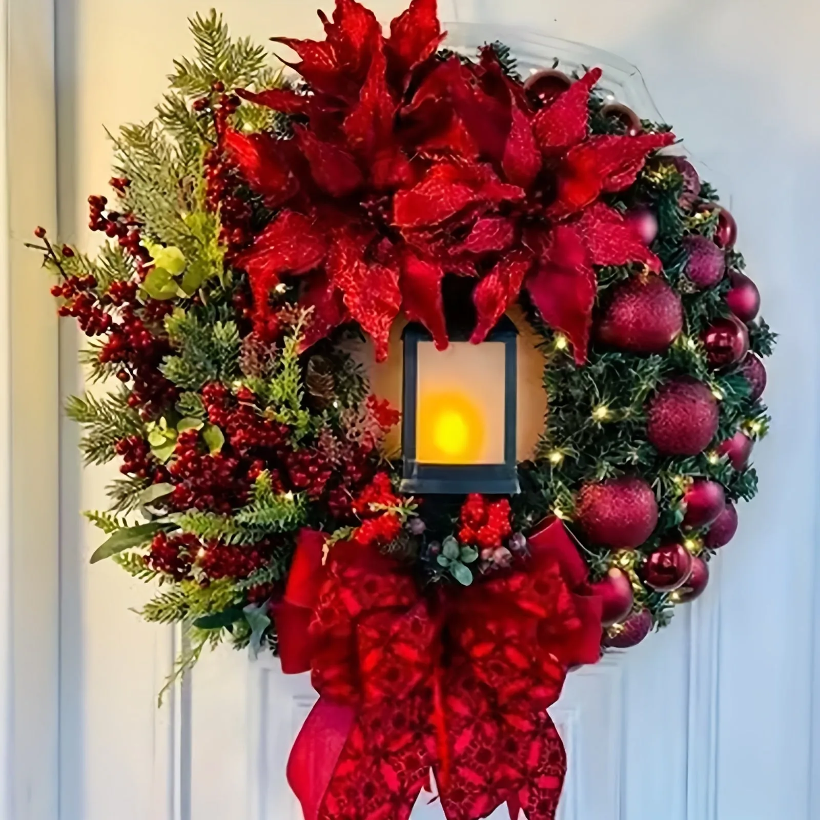 Large Red Christmas Wreath For Front Door, Artificial Lighting Christmas Wreath With Bow Ribbon And Christmas Balls, Suitable For Christmas Thanksgiving And Other Festivals Indoor And Outdoor Home Decoration