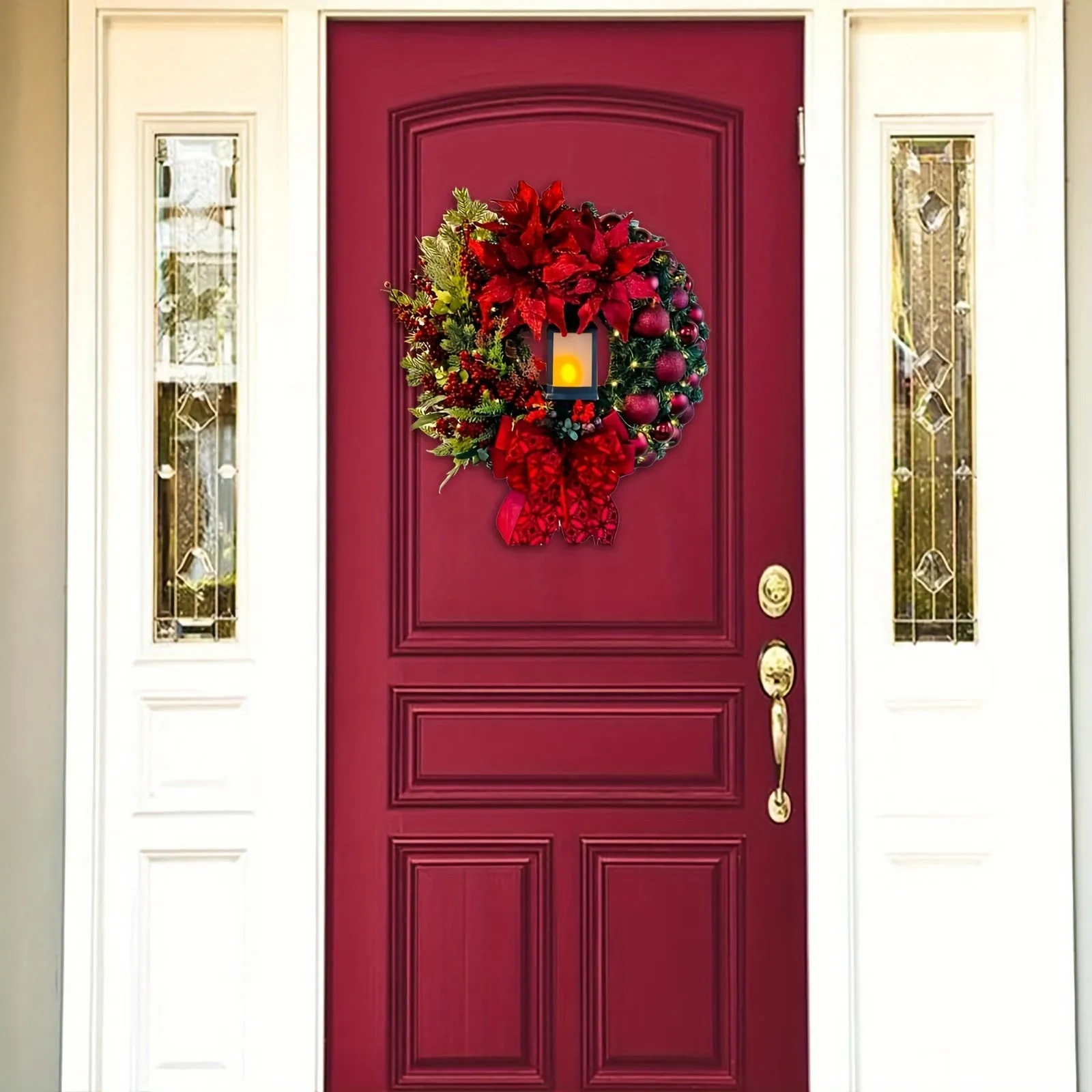 Large Red Christmas Wreath For Front Door, Artificial Lighting Christmas Wreath With Bow Ribbon And Christmas Balls, Suitable For Christmas Thanksgiving And Other Festivals Indoor And Outdoor Home Decoration
