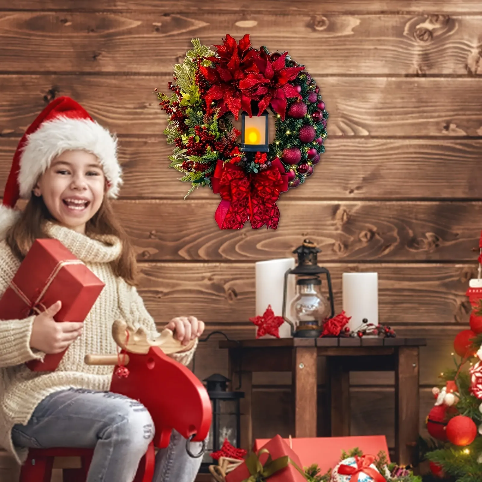 Large Red Christmas Wreath For Front Door, Artificial Lighting Christmas Wreath With Bow Ribbon And Christmas Balls, Suitable For Christmas Thanksgiving And Other Festivals Indoor And Outdoor Home Decoration