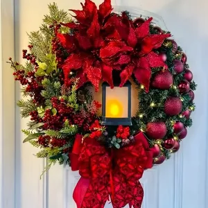 Large Red Christmas Wreath For Front Door, Artificial Lighting Christmas Wreath With Bow Ribbon And Christmas Balls, Suitable For Christmas Thanksgiving And Other Festivals Indoor And Outdoor Home Decoration