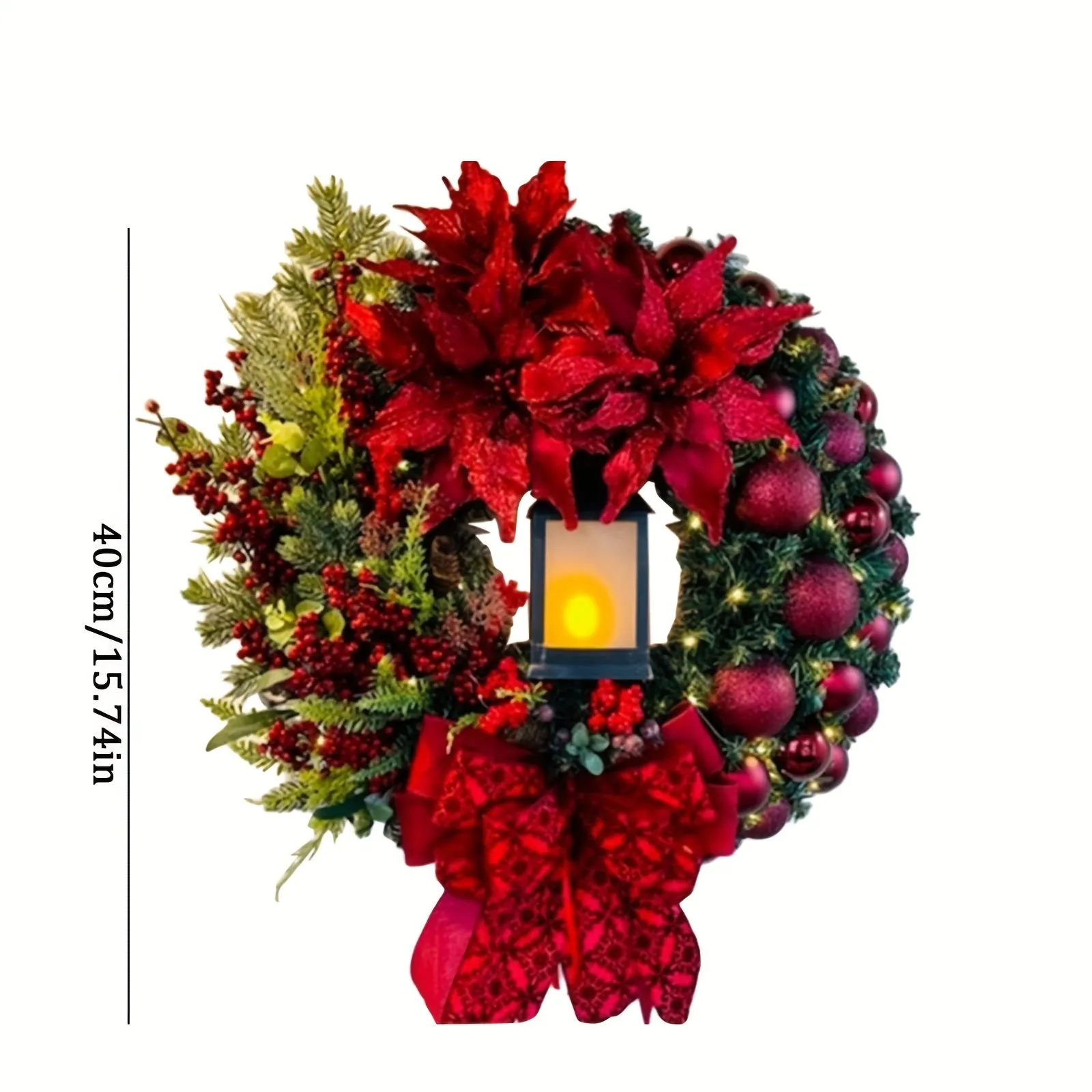 Large Red Christmas Wreath For Front Door, Artificial Lighting Christmas Wreath With Bow Ribbon And Christmas Balls, Suitable For Christmas Thanksgiving And Other Festivals Indoor And Outdoor Home Decoration
