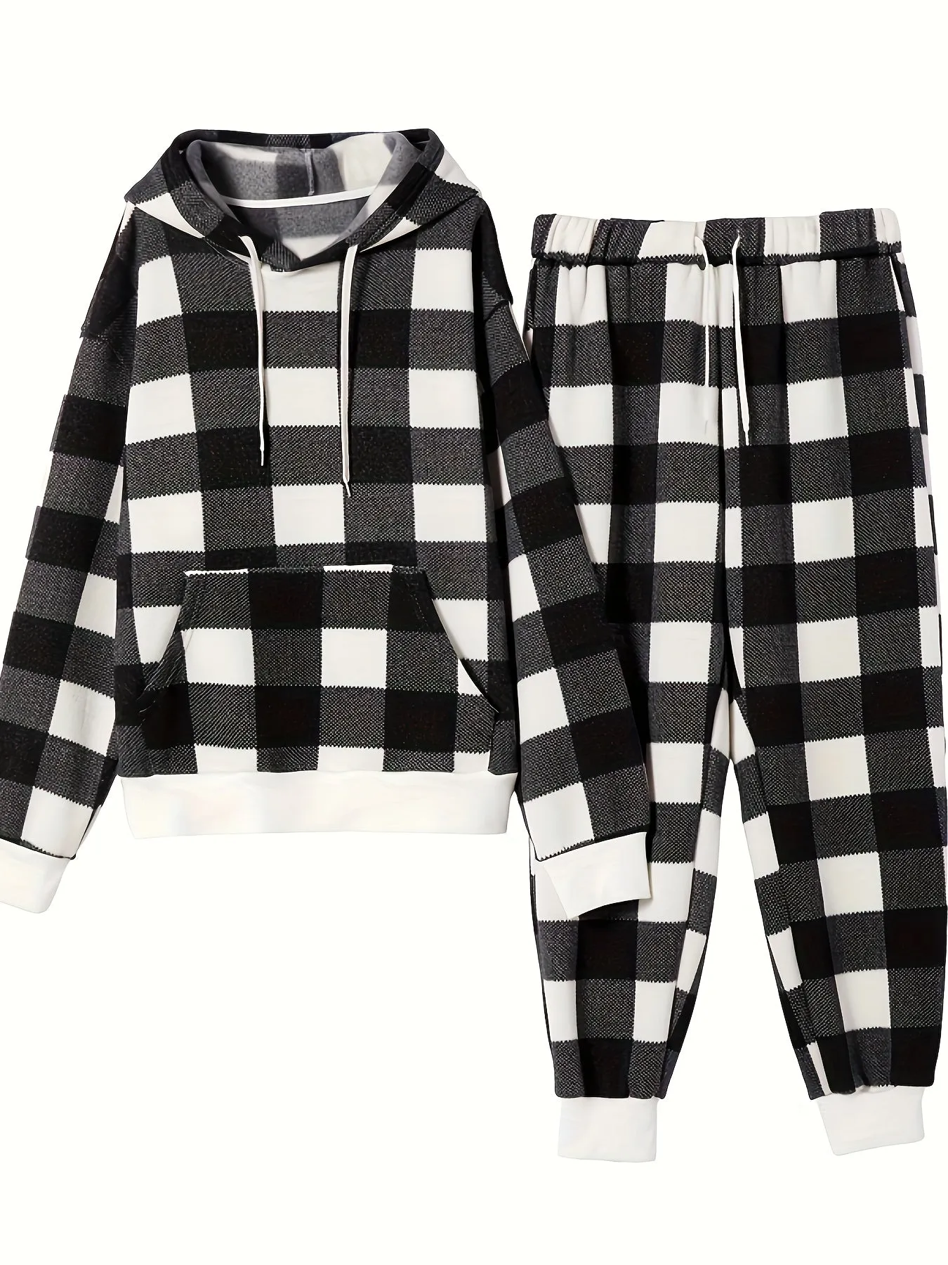 Men's Simple Style Casual Checkered Pajamas Sets, Checkered Hooded Sweatshirt With Kangaroo Pocket Top & Loose Sweatpants Trendy Trousers With Pockets Elastic, Outdoor Sets For Spring Autumn
