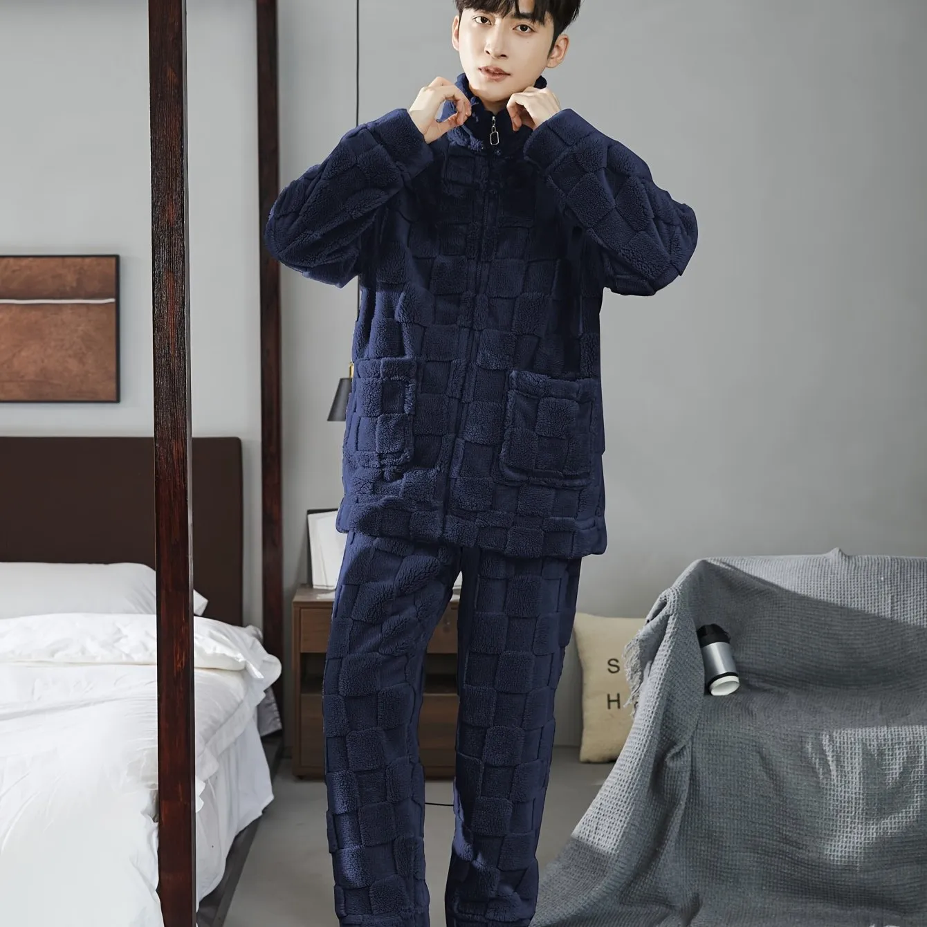 Men's Simple Style Casual Pajamas Sets Warm Flannel Lounge Wear, Long Sleeve Stand Collar Pullover Top & Loose Pants Home Pajamas Sets, Outdoor Sets For Autumn Winter