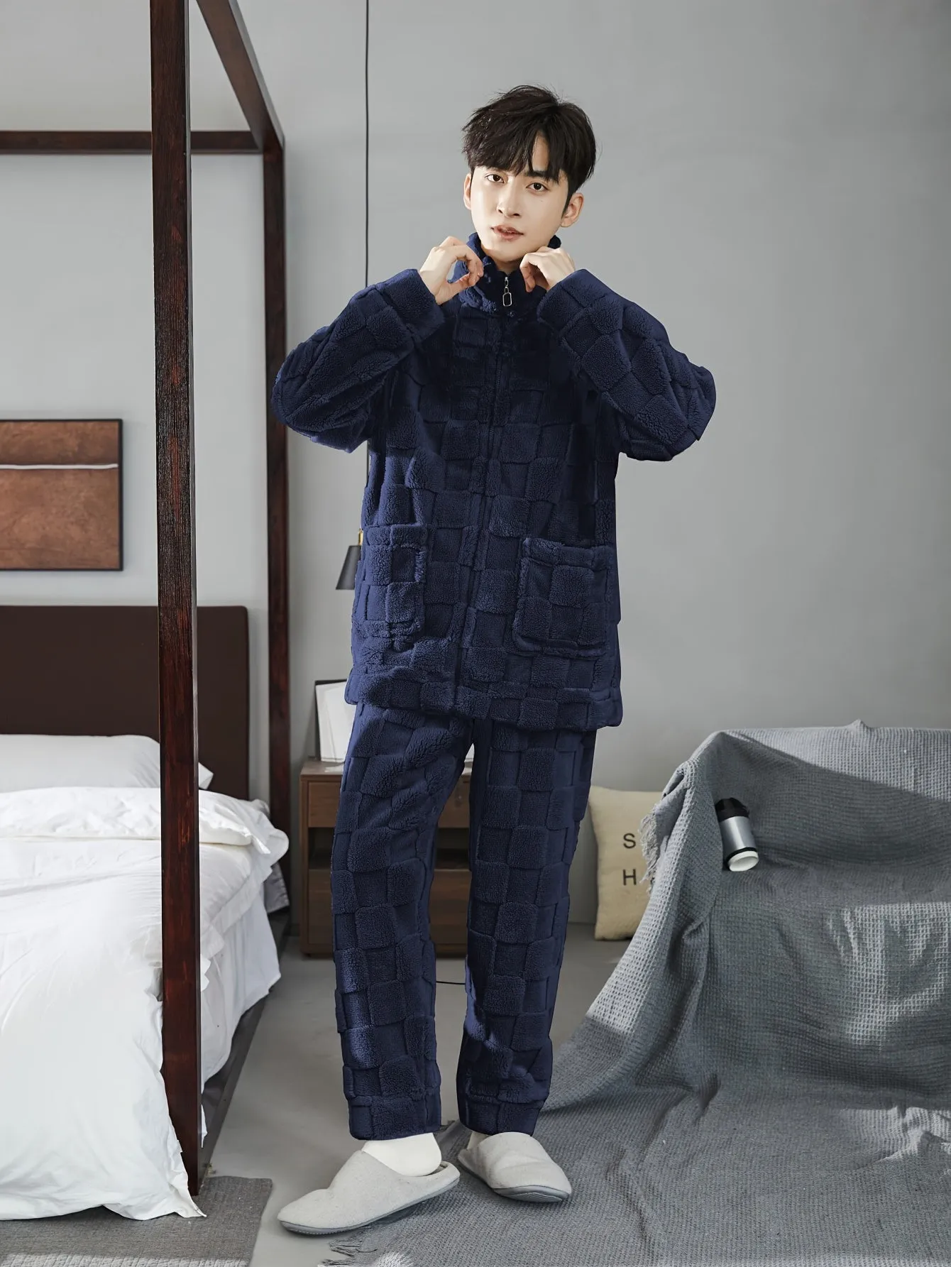 Men's Simple Style Casual Pajamas Sets Warm Flannel Lounge Wear, Long Sleeve Stand Collar Pullover Top & Loose Pants Home Pajamas Sets, Outdoor Sets For Autumn Winter