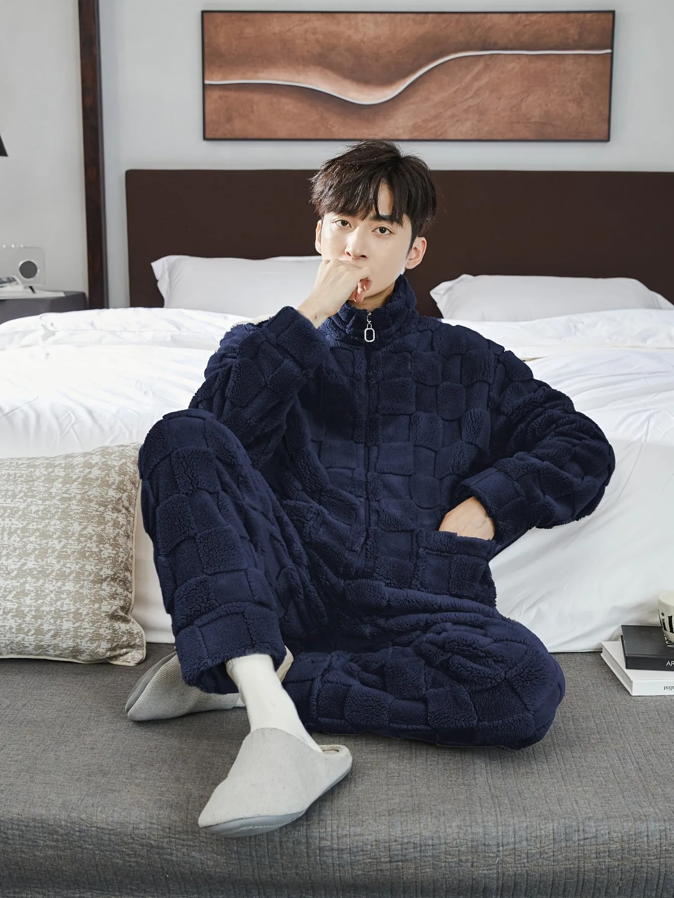 Men's Simple Style Casual Pajamas Sets Warm Flannel Lounge Wear, Long Sleeve Stand Collar Pullover Top & Loose Pants Home Pajamas Sets, Outdoor Sets For Autumn Winter