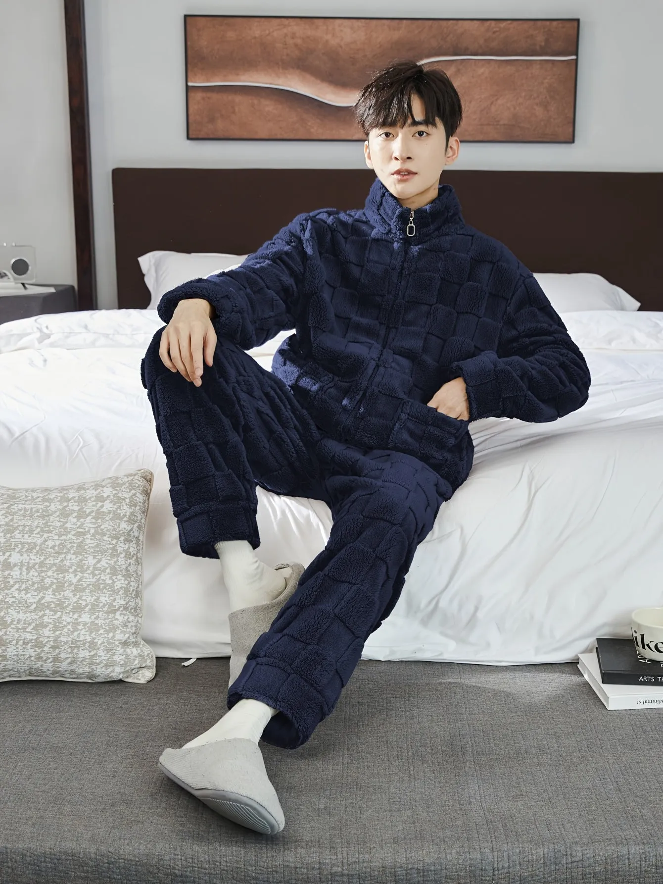 Men's Simple Style Casual Pajamas Sets Warm Flannel Lounge Wear, Long Sleeve Stand Collar Pullover Top & Loose Pants Home Pajamas Sets, Outdoor Sets For Autumn Winter