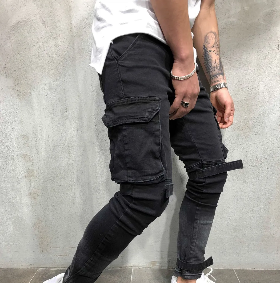 Men's Slim Leg Zipper Worn-out Hole Jeans Pencil Pants