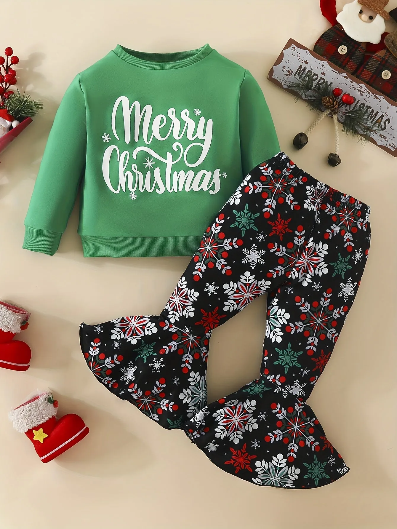 MERRY CHRISTMAS Cute 2pcs Party Outfits - Toddler Baby Girl's Long Sleeve Sweatshirt   Flared Trousers Outdoor Set