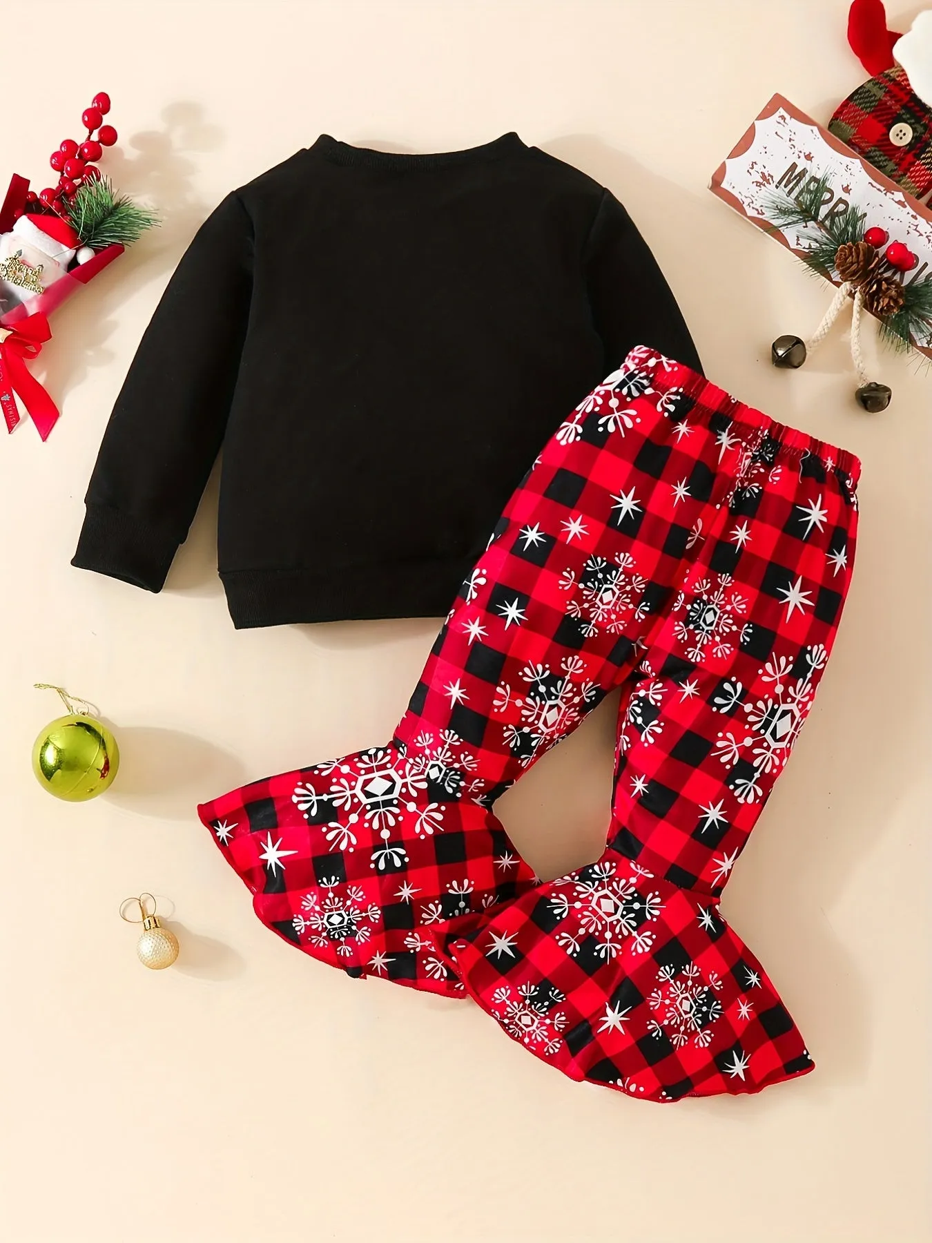 MERRY CHRISTMAS Cute 2pcs Party Outfits - Toddler Baby Girl's Long Sleeve Sweatshirt   Flared Trousers Outdoor Set