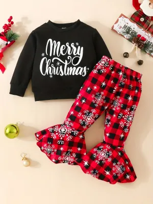 MERRY CHRISTMAS Cute 2pcs Party Outfits - Toddler Baby Girl's Long Sleeve Sweatshirt   Flared Trousers Outdoor Set