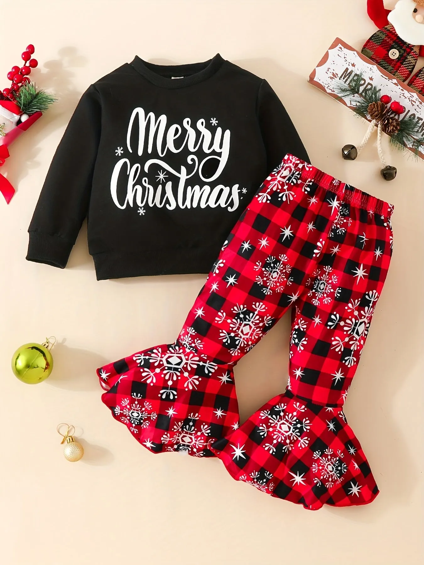 MERRY CHRISTMAS Cute 2pcs Party Outfits - Toddler Baby Girl's Long Sleeve Sweatshirt   Flared Trousers Outdoor Set