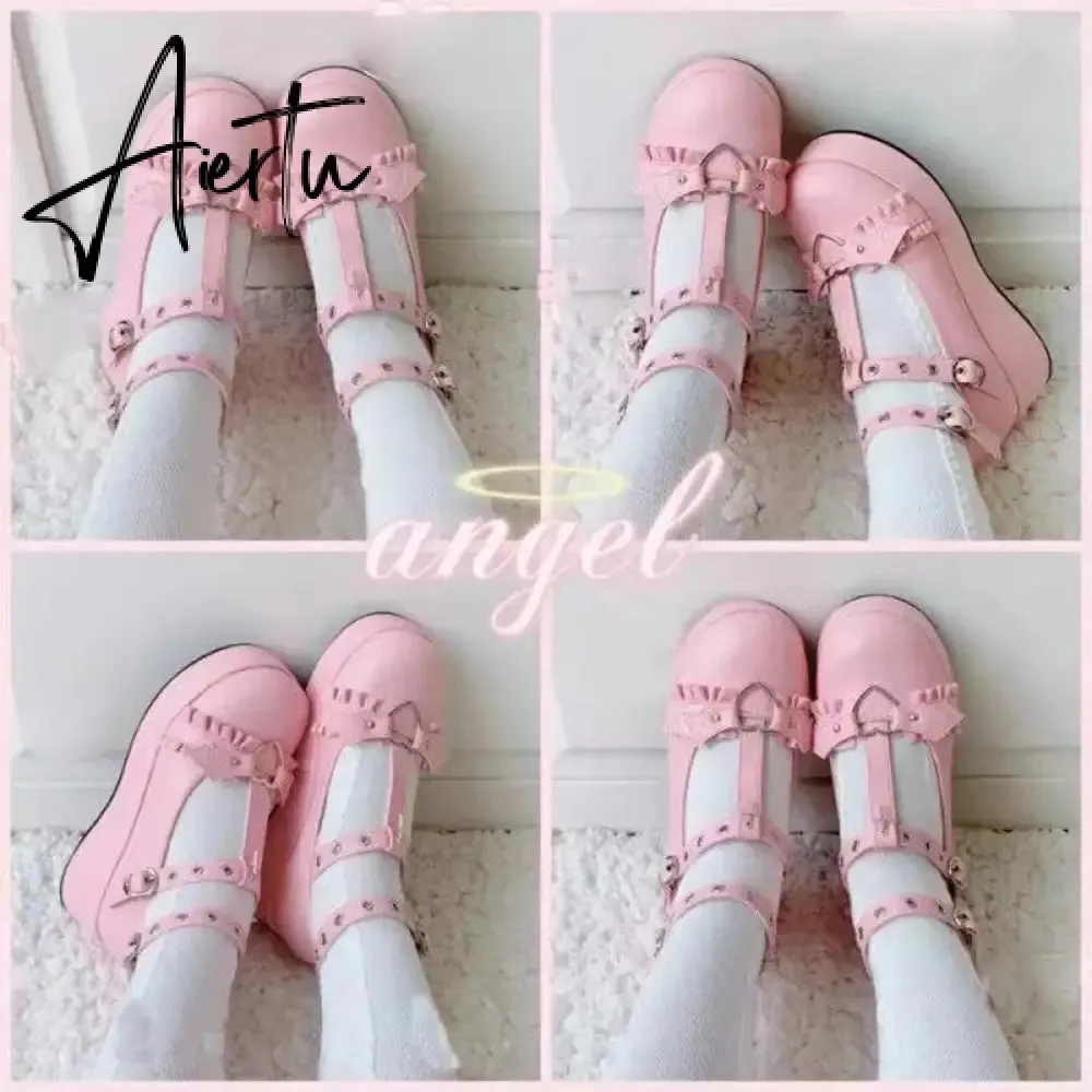 New Sweet Heart Buckle Wedges Mary Janes Women Pink T-Strap Chunky Platform Lolita Shoes Woman Punk Gothic Cosplay Shoes 43