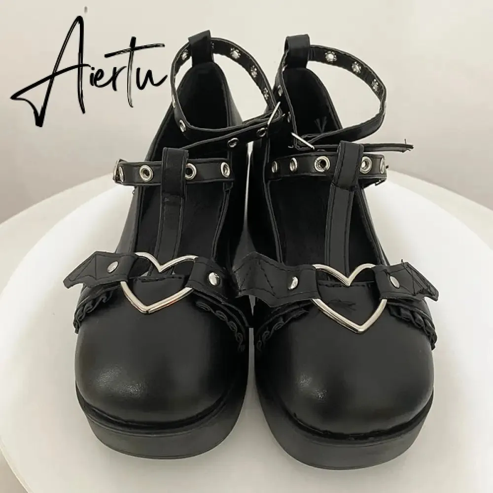 New Sweet Heart Buckle Wedges Mary Janes Women Pink T-Strap Chunky Platform Lolita Shoes Woman Punk Gothic Cosplay Shoes 43