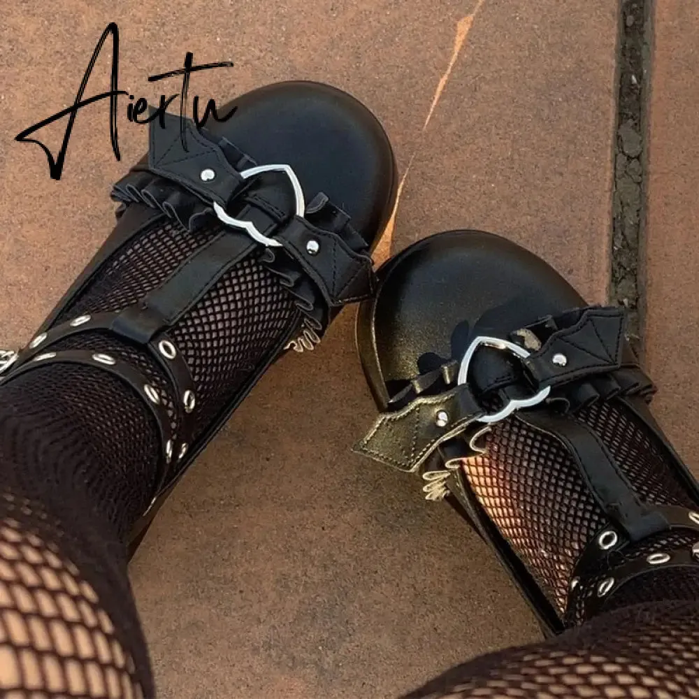 New Sweet Heart Buckle Wedges Mary Janes Women Pink T-Strap Chunky Platform Lolita Shoes Woman Punk Gothic Cosplay Shoes 43