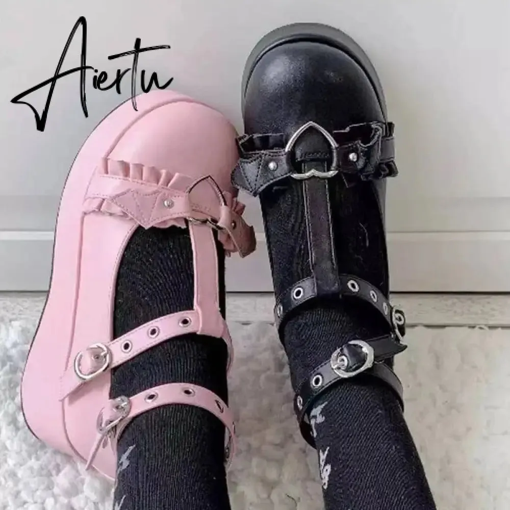 New Sweet Heart Buckle Wedges Mary Janes Women Pink T-Strap Chunky Platform Lolita Shoes Woman Punk Gothic Cosplay Shoes 43